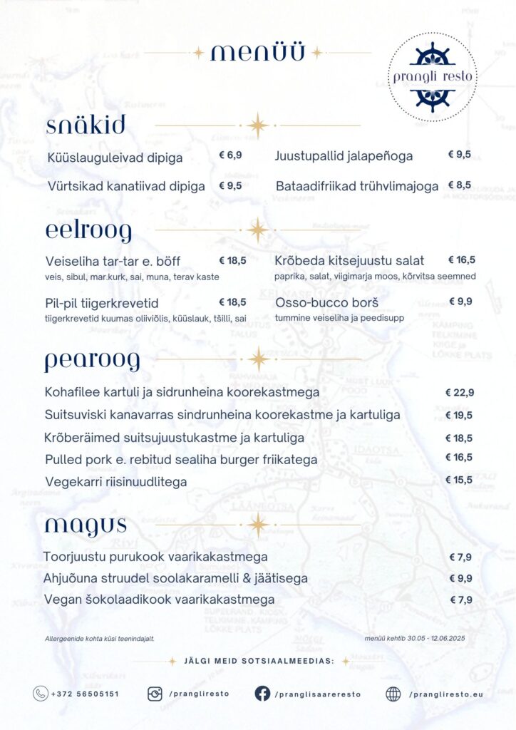 Prangliresto menüü juuni 1.pool 2025 est